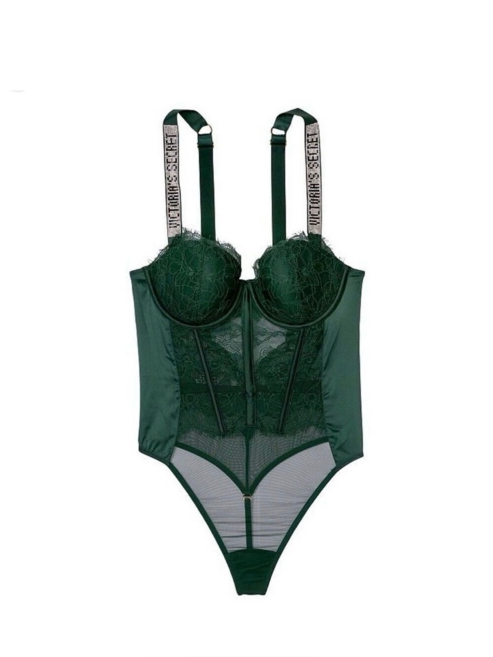 NWT Victoria Secret teddy
Adj straps
Padded
Lace Rhinestone strap
Thong back